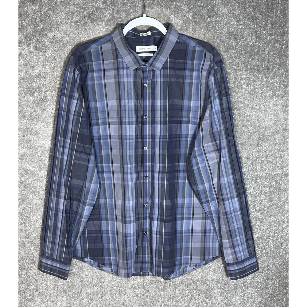 Calvin Klein Slim Fit Button Up Shirt Mens Size XL Blue Plaid Cotton Long Sleeve